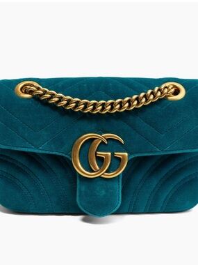 Gucci Teal Velvet GG Marmont Small Shoulder Bag with Gold Hardware